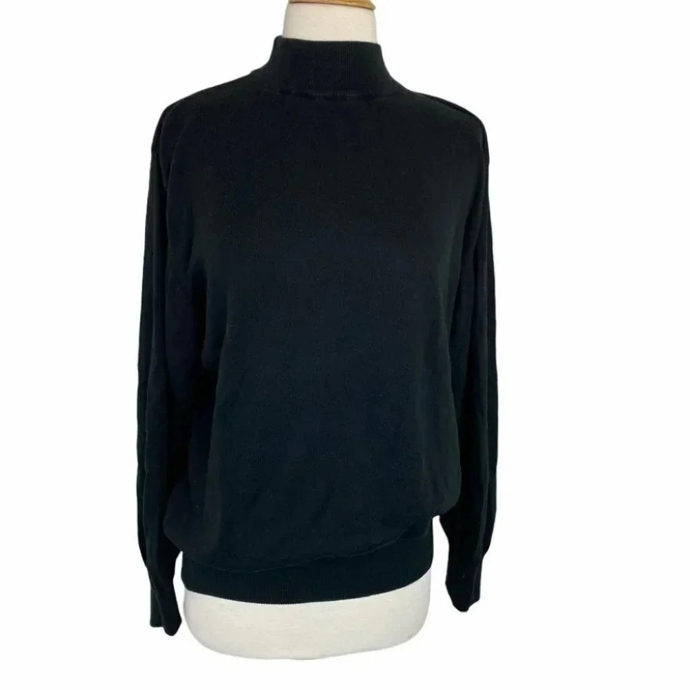 Lord & Taylor Sweater Large Black Mock Neck Cotton Rayon‎ Italian Knit